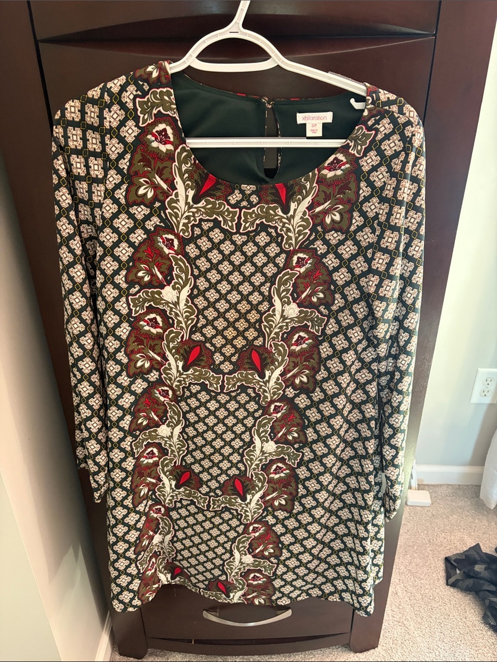 Xhilaration Green Patterned Long-Sleeve Dress with Red and Cream Accents